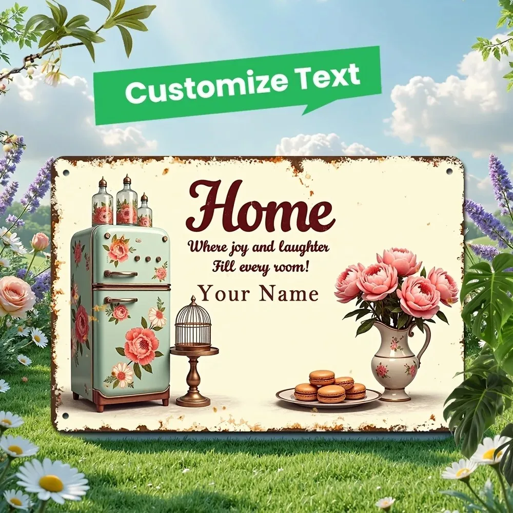 CIFbuy Vintage Floral Peony Kitchen Metal Plaque,Custom Name Home Refrigerator Wall Ornament (Only For Decoration)