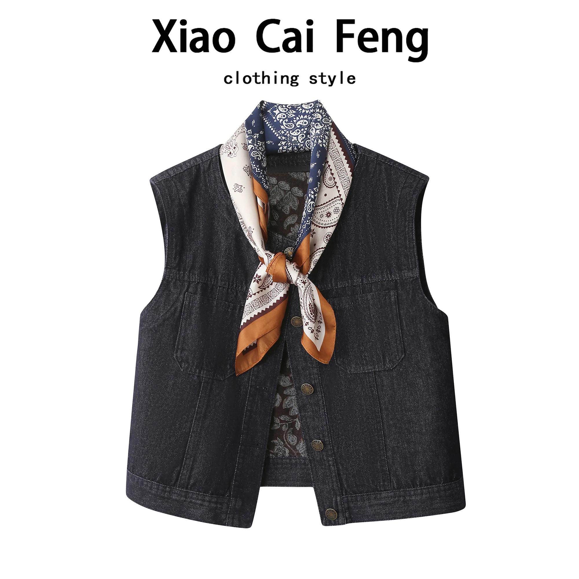 

Несмываемый свободный женский джинсовый жилет с шарфом, модный многослойный топ Jaet, круглый материал из смеси хлопка