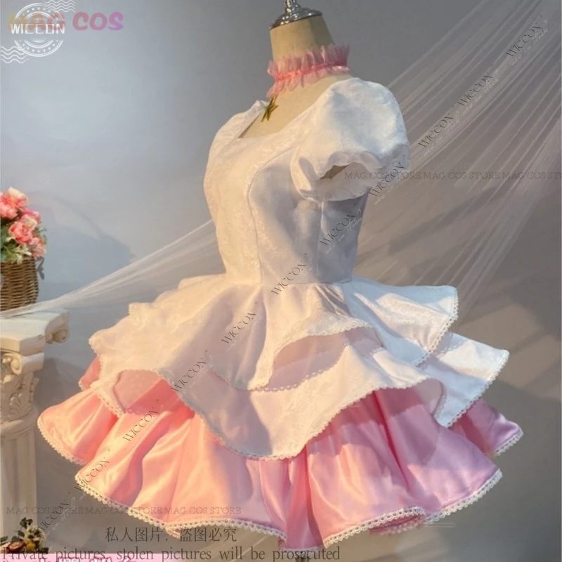 Kinomoto Sakura Cosplay Costume parrucca sfrench Cardcaptor Comic-Con Pinky White Dress abbigliamento da combattimento gioco di ruolo Magical Girl