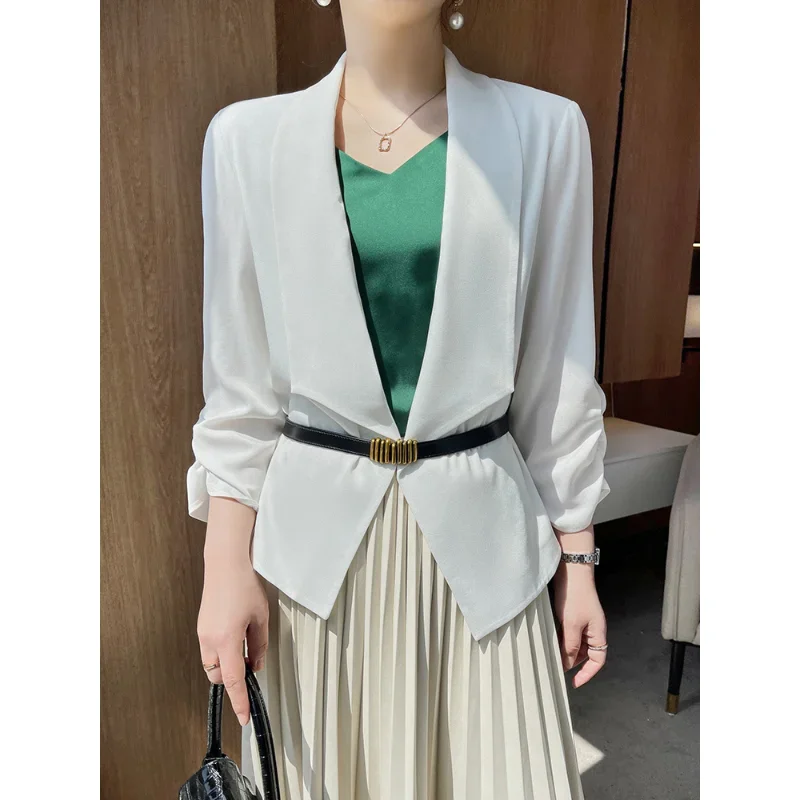 Satin Suits Jackets Women Blazers Blouses Summer Shirts Thin Casual Design Solid Three Quarter Sleeve Cardigan Coats Clothing