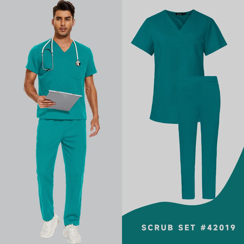 Mens Short Sleeve Scrub Tops Medical Pants Nurse Uniform Dentist Overalls Doctor T-Shirt Trousers Clinic Beauty Salon Work Sets