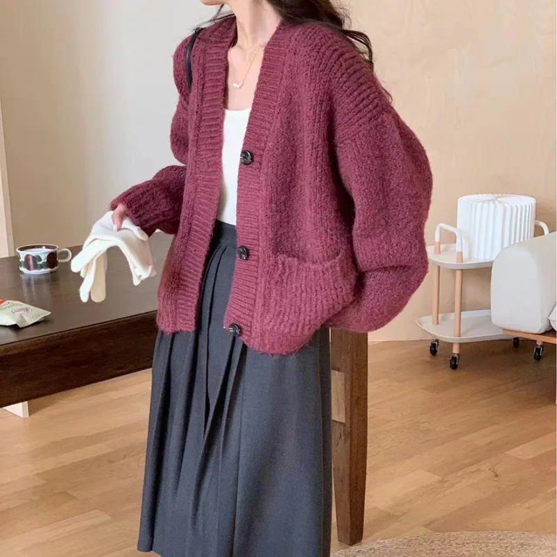 Korean style Autumn Winter Women Cardigan Sweater Single Breasted V-Neck Females Trendy Chic Leisure Elegant Outwear Knitted