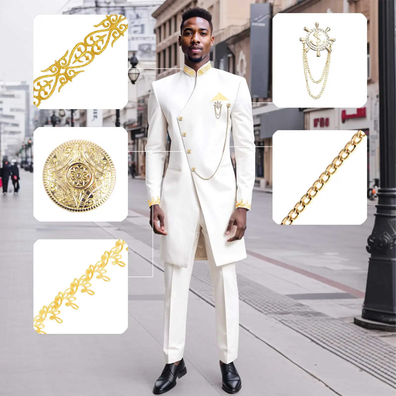 DBQ African Clothes for Men Slim Fit Suit Embroidery Single Breasted Gold Chain Blazer and Pants Suit 241049