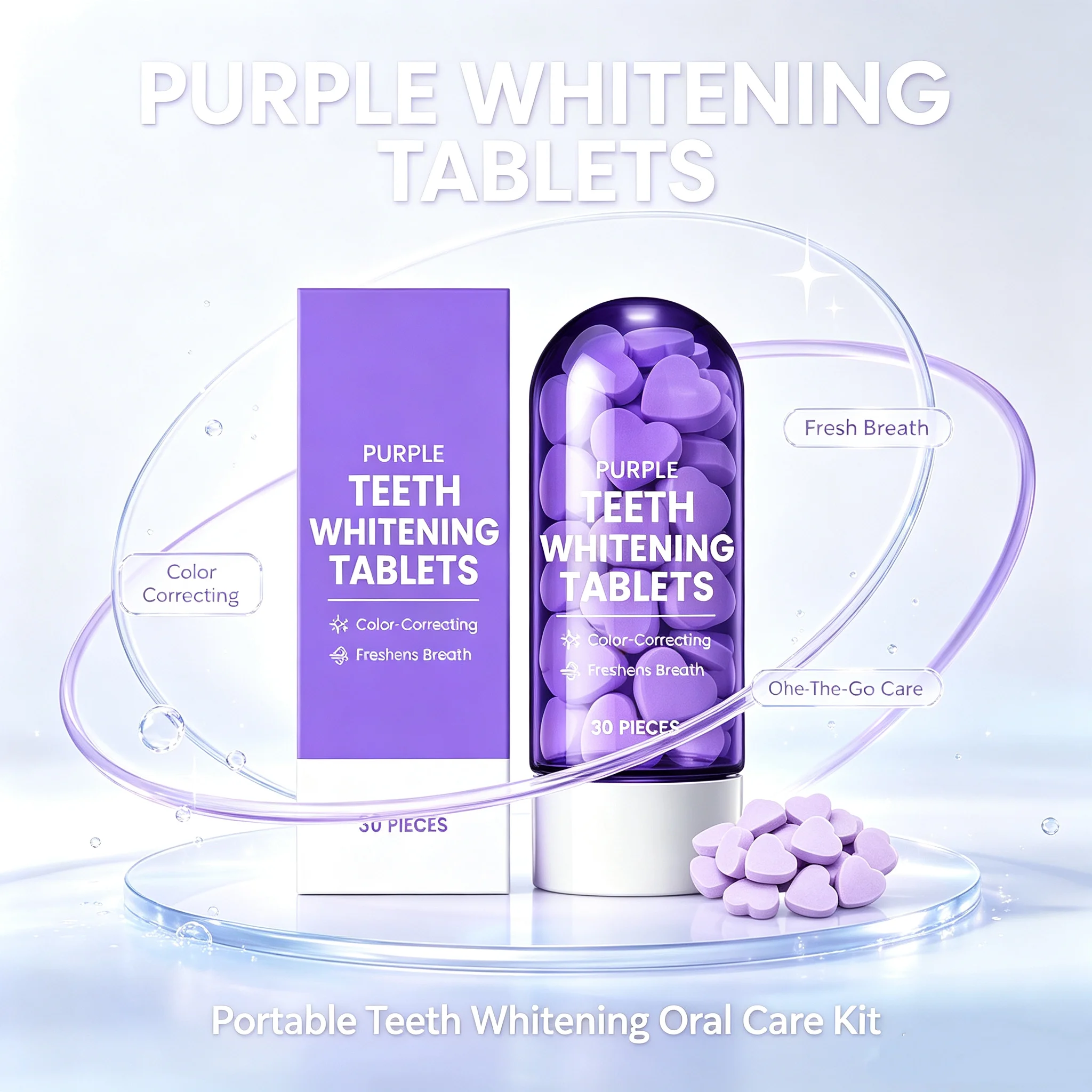 Teeth Whitening Tablets Detect Decay Brightening Strengthen Freshen Breath Remove Stains Fluoride-Free Purple Toothpaste Tablets