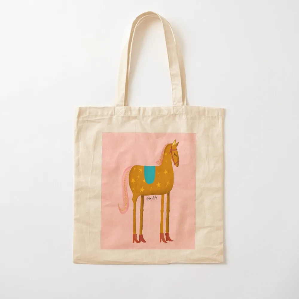 Funny horse brown- pink background- with stars and red boots Tote Bag handbag bags for women large tote bag
