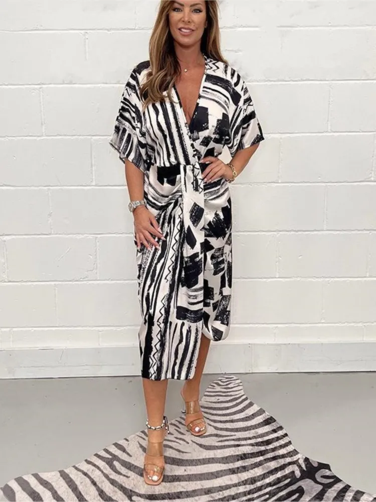 

Women Fashion Print Asymmetrical Dress Short Sleeve Pullover V-neck High Waist Long Skirt Holiday Loose Casual Women's Clothes