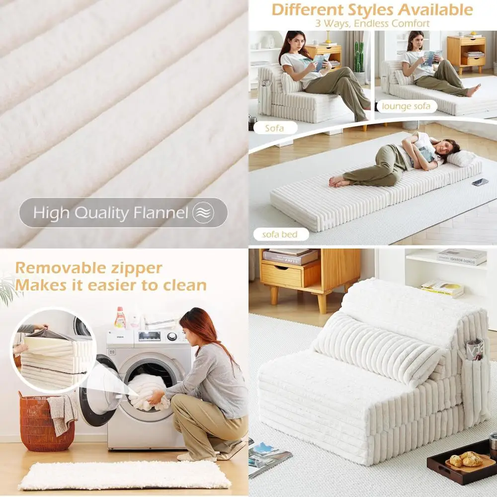 

Кресло-кровать для взрослых - односпальный диван-кровать из бежевого вельвета с подушкой