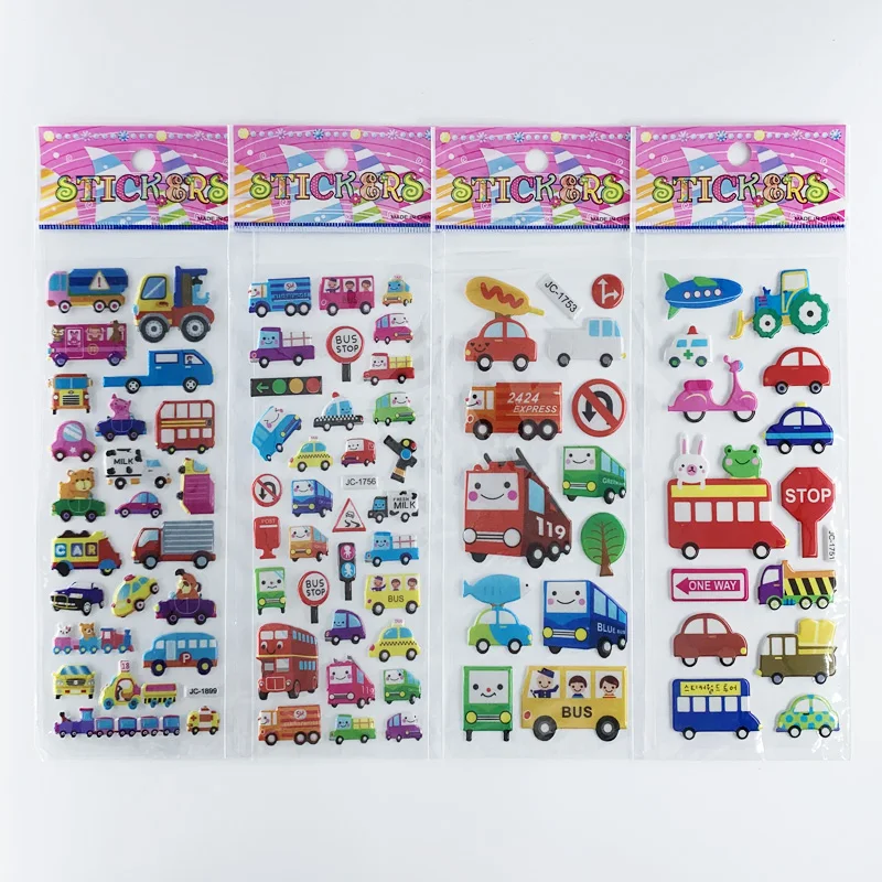 8 Sheets/Set Traffic Car Stickers  For Kids Boys 3D Puffy Bubble Scrapbook Cartoon Stickers Laptop Notebook DIY Toys