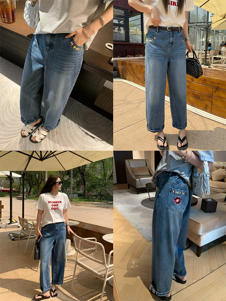 

Джинсы NAZ большого размера с высокой талией, вышивкой, из хлопка, прямого кроя, в стиле ретро, плотные, осенние брюки для женщин больших размеров