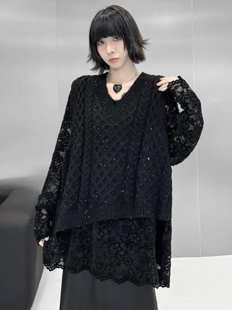 

Women Black Sequins Irregular Big Size Sweater Vest New V-collar Sleeveless Fashion Tide Spring Autumn