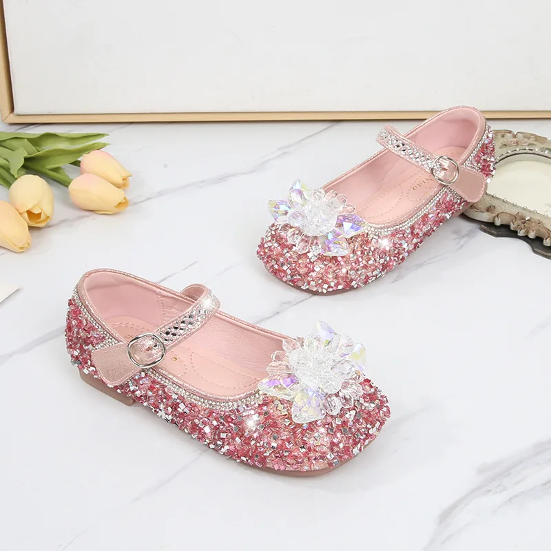 Zapatos de princesa para niñas, calzado de cuero con diamantes de imitación, azul, rosa, ostentoso, Mary Janes