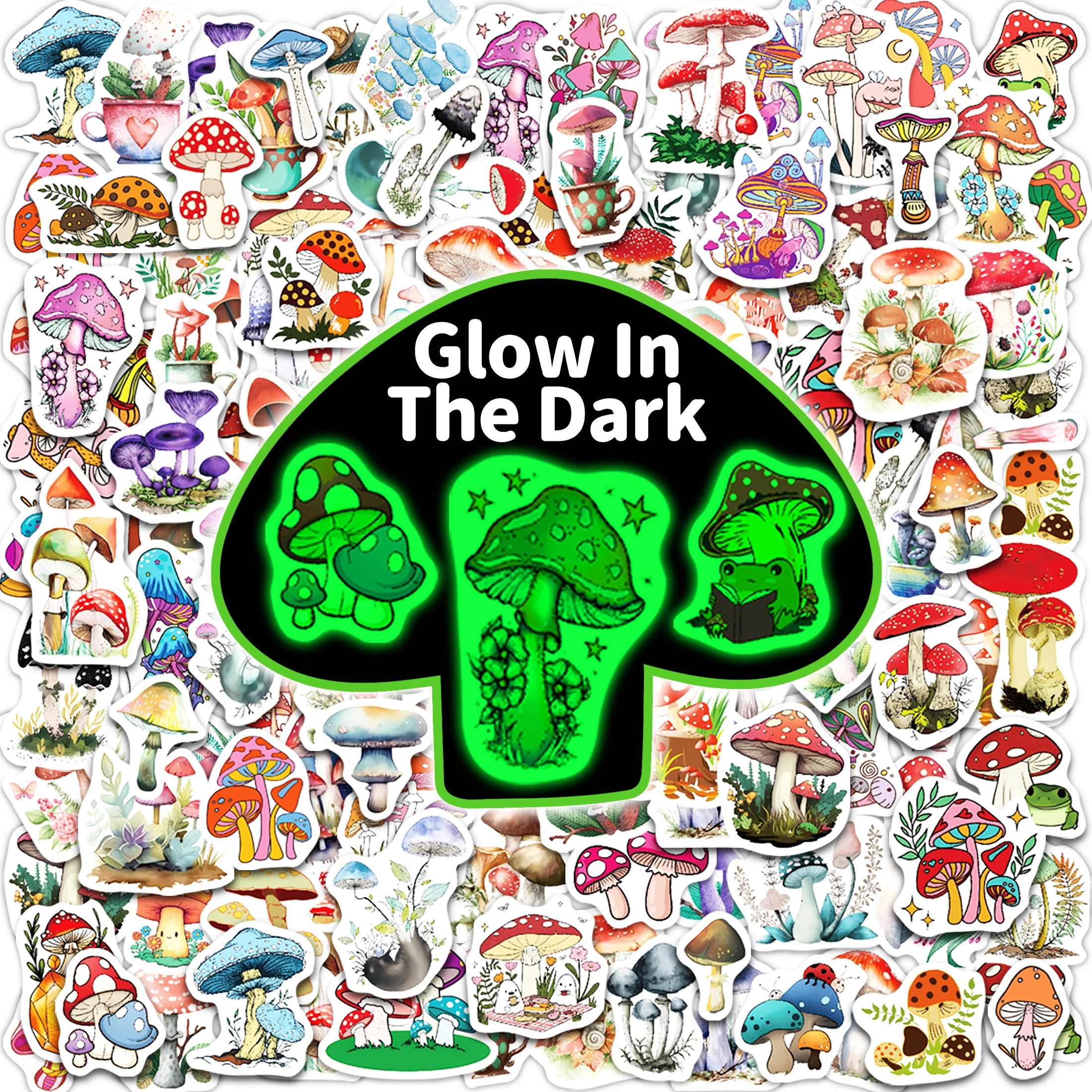 50PCS Mushroom Water Bottle Glow in The Dark Stickers Vinyl Waterproof Decals Pack for Laptop Skateboard Phone Case Kid Sticker