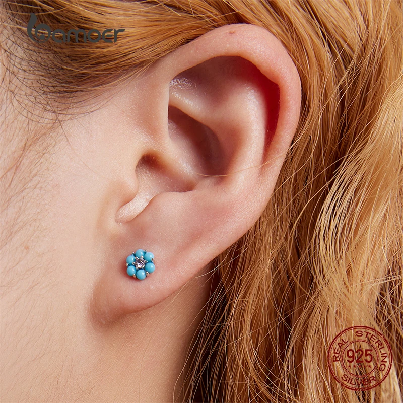 Bamoer 925 Sterling Silver Natural Turquoise Flower Ear Studs Earrings for Women Fine Jewelry Birthday Valentine's Day Gifts