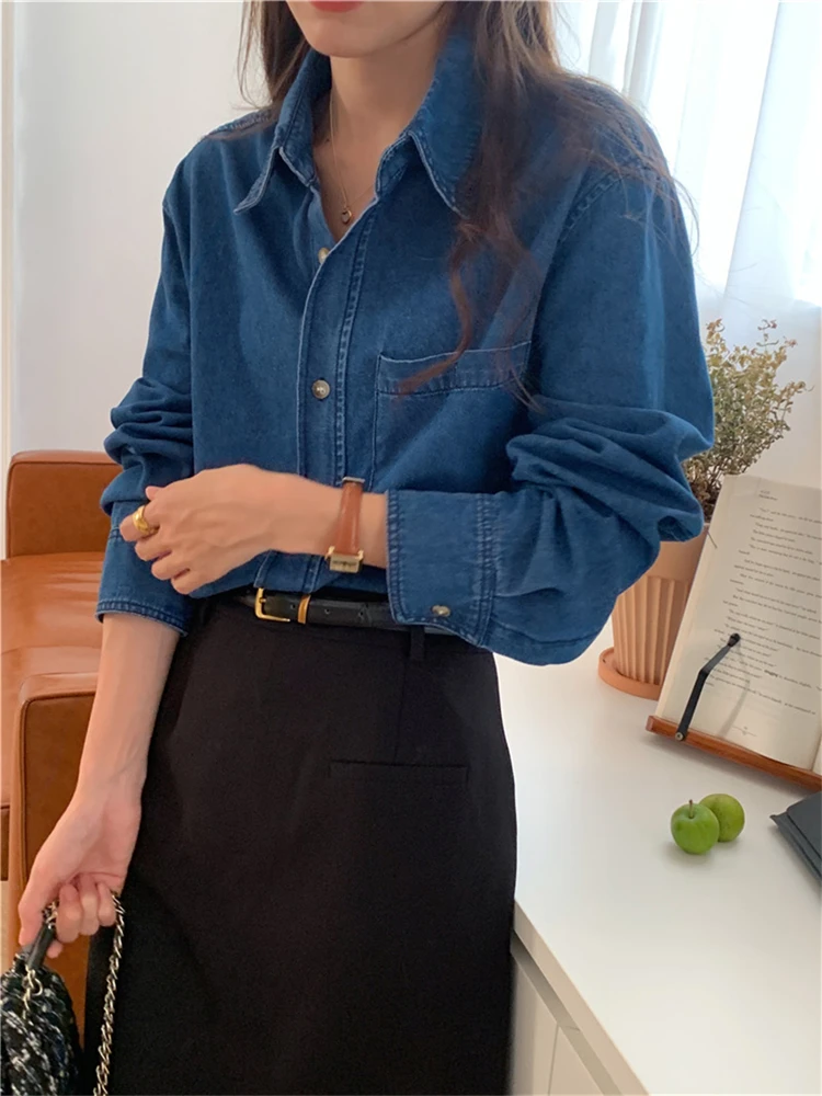 Women Blouse Female Shirt Summer Womens Blouses Spring Maxi Blusas Casual Cowboy Vintage Long Sleeve Denim Oversize Loose Blue