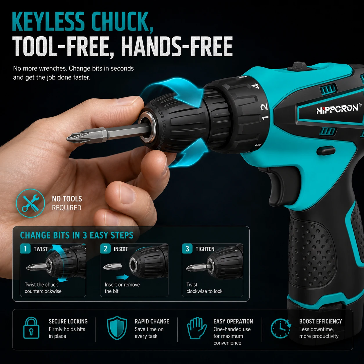 Hippcron Lithium Electric Drill Tapping Cordless Impact Tool Set Multifunction Screwdriver Household with 3/8