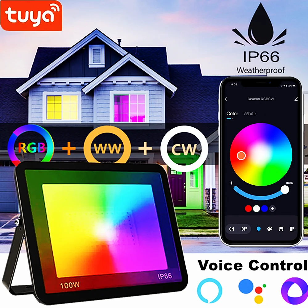 projector rgb com controlo por voz iluminacao exterior holofotes para jardim e festa aplicativo tuya smart wi fi 30006500k 30w 50w 100w 220v ca 01