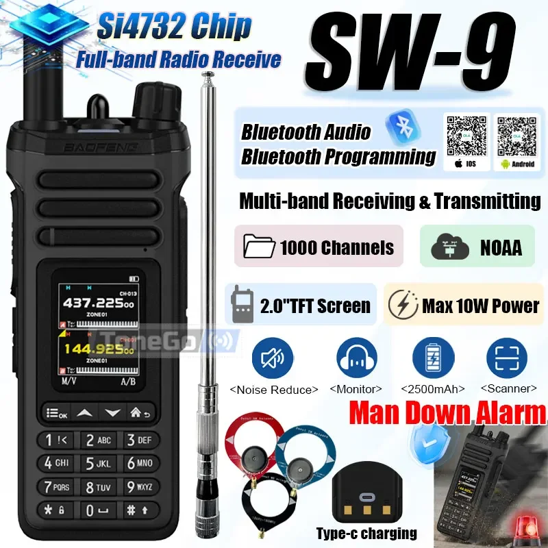 Baofeng SW-9 10W Walkie Talkie Bluetooth Audio&Programming Man Down Alarm Si4732 Multi-Band 1000CH DTMF NOAA Dual Display Radio