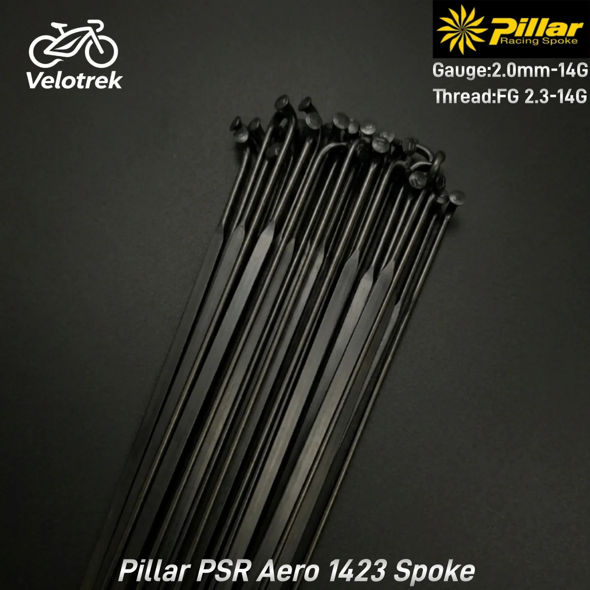 Raios de Bicicleta Pillar PSR Aero 1423 com Ponta Plana, Calibre 14G, 2.0mm, Aço Inoxidável, Curvatura J-Bend, Tração Reta, Preto, para MTB e Bicicletas de Estrada