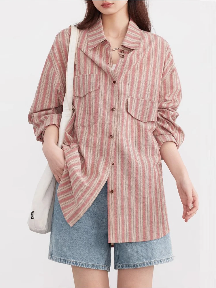 CHIC VEN Women Shirt Loose Casual Single Breasted Retro Contrast Vertical Stripe Blouses Female Top for Woman Spring Autumn 2024