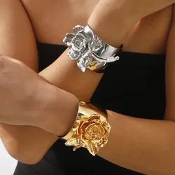 KMVEXO Exaggerated Chunky Gold Silver Color Metal Flower Open Cuff Bangles for Women Punk Goth Irregular Wide Bracelet Jewelry