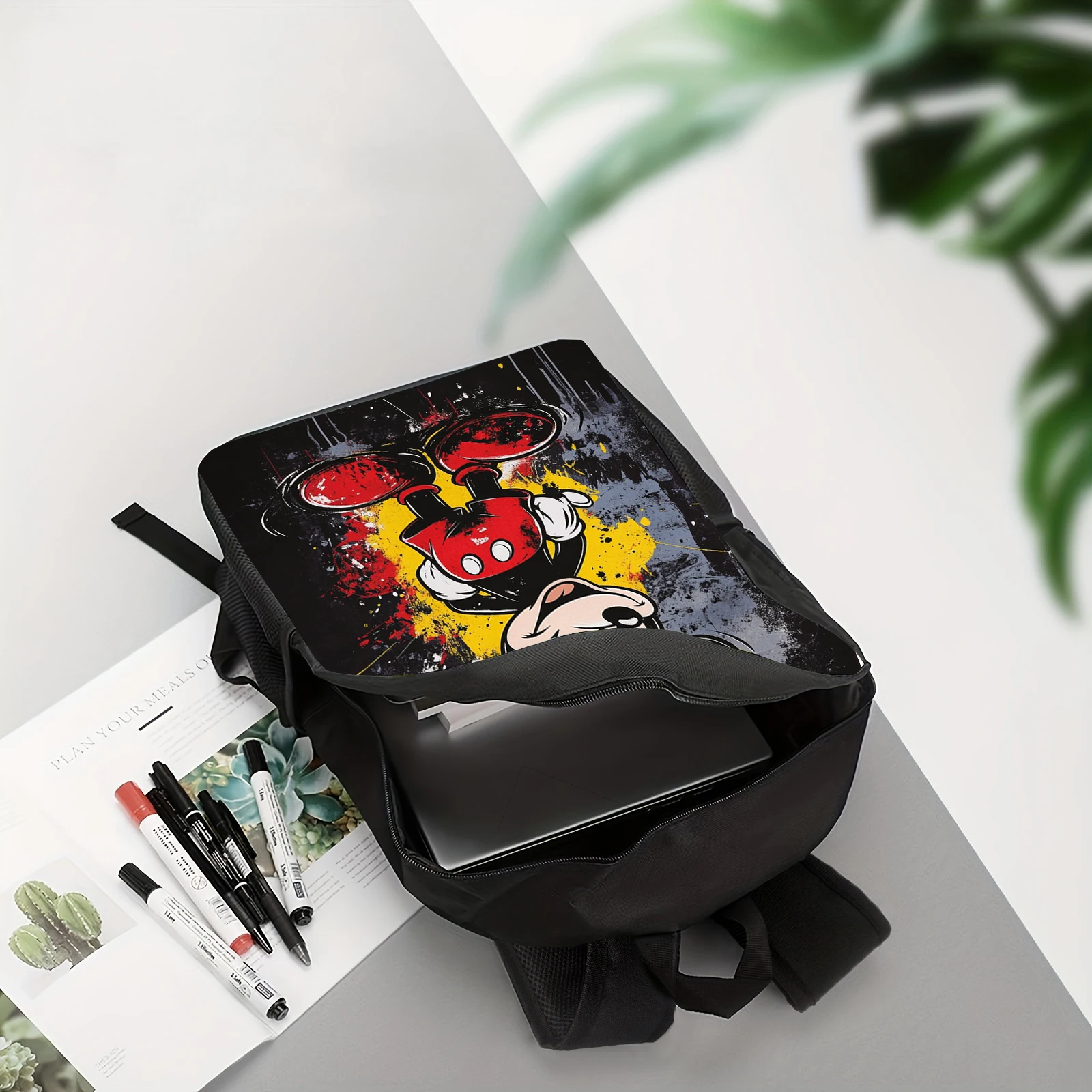 1pc Mickey print backpack with splattered ink, student backpack, gift, suitable for daily commuting and travel use