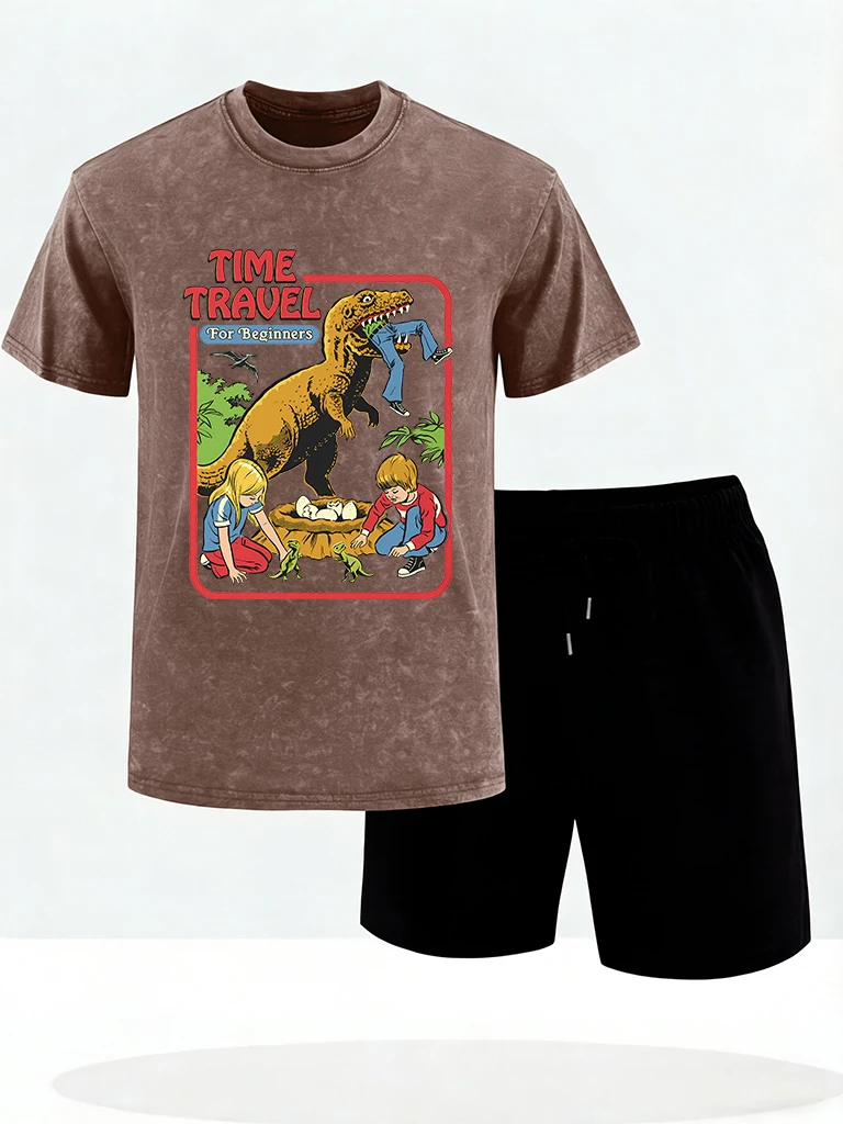 

Time Travel For The Dinosaur Era Printed Sport Washed T Shirt Set Men Summer Comfy Running Shorts Fashion O-Neck Short Sleeve