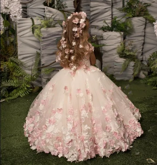 Vestidos florais de tule para meninas, apliques 3D, vestido de baile infantil, princesa beleza, concurso, festa de casamento, aniversário, festa