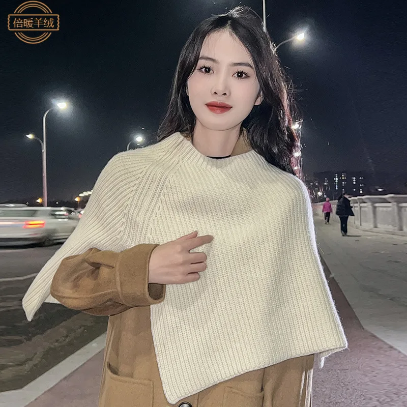 

Pure Wool Shawl Poncho Women's Autumn And Winter New Fashion Outfit Pullover Scarf Korean Style Warm Neck Set Knitted Scarf