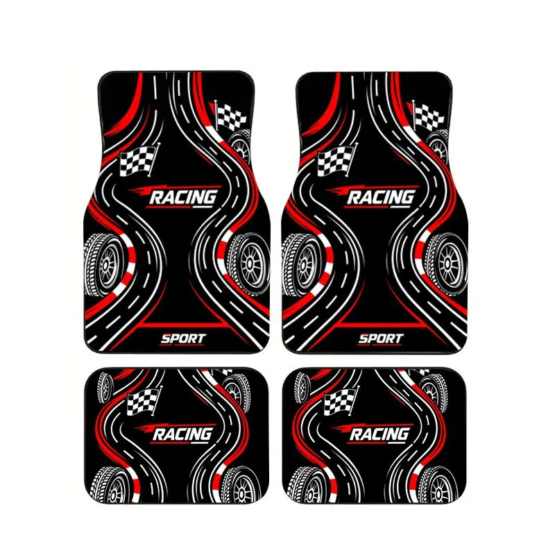 

Racing Sport Car Floor Mats 4Pcs Universal Non-slip Auto Carpet with Checkered Flag Tire Print