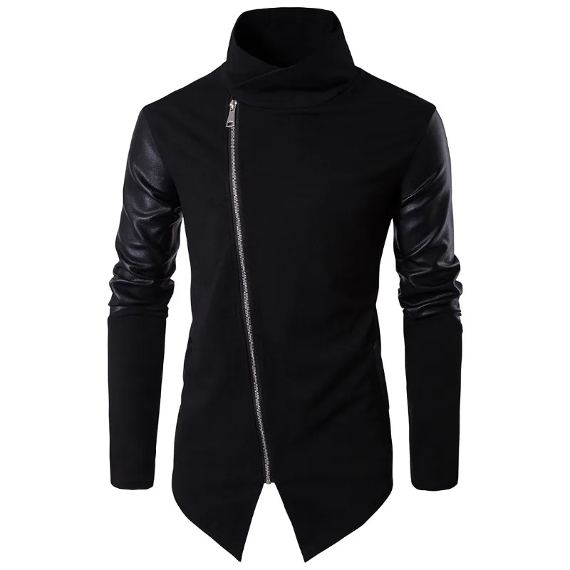 Spring Men's Standing Collar Slim Fit Knit Sweater with Leather Sleeves Zippered Fashion and Comfort Pure Cotton Men's Hoodie