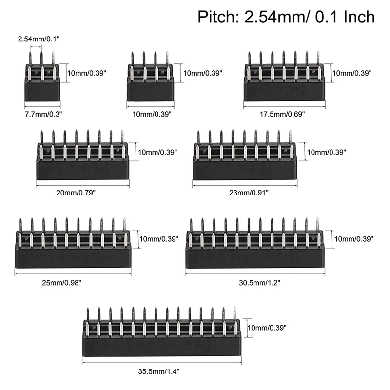 DIP IC Chip Socket Adapter 2.54Mm Pitch Dual Row Flat Pins Chip Connector 6, 8, 14, 16, 18, 20, 24, 28 Pins 66PCS