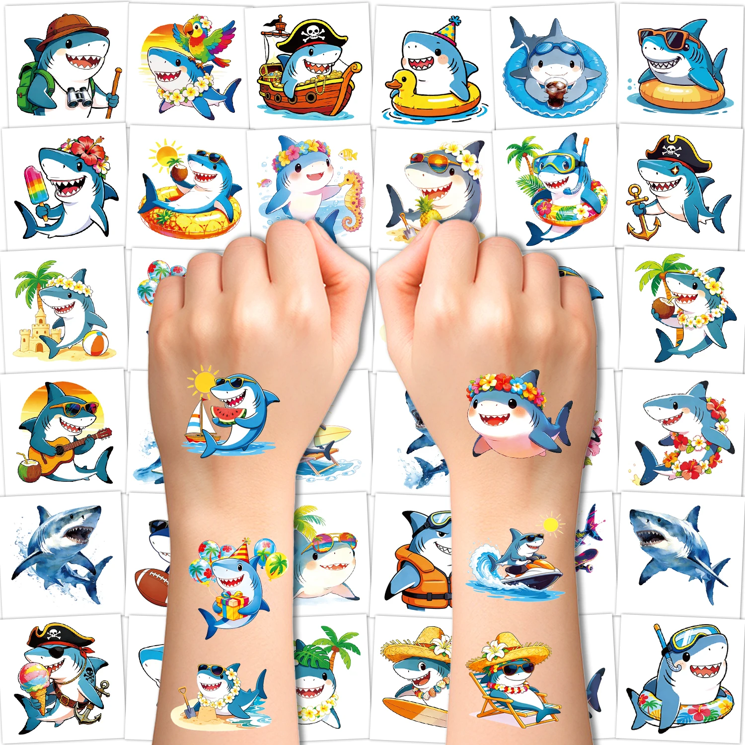 108 PCS Shark Pre-Cut Temporary Tattoos - Super Cute HawaiianThemed Birthday Party Favors,Beach Party Decorations Kit, Hawaiian