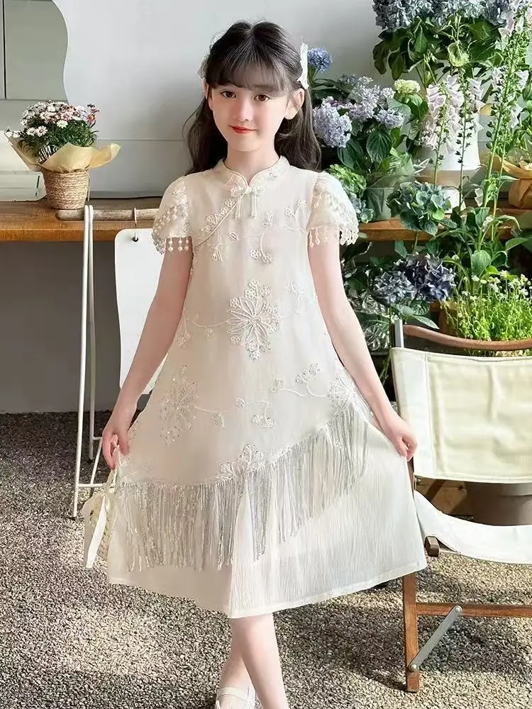 Girls Summer Chinese Cheongsam Dress New Style Children's Short Sleeve Hanfu Dress Traditional Chinese Clothing for Kids