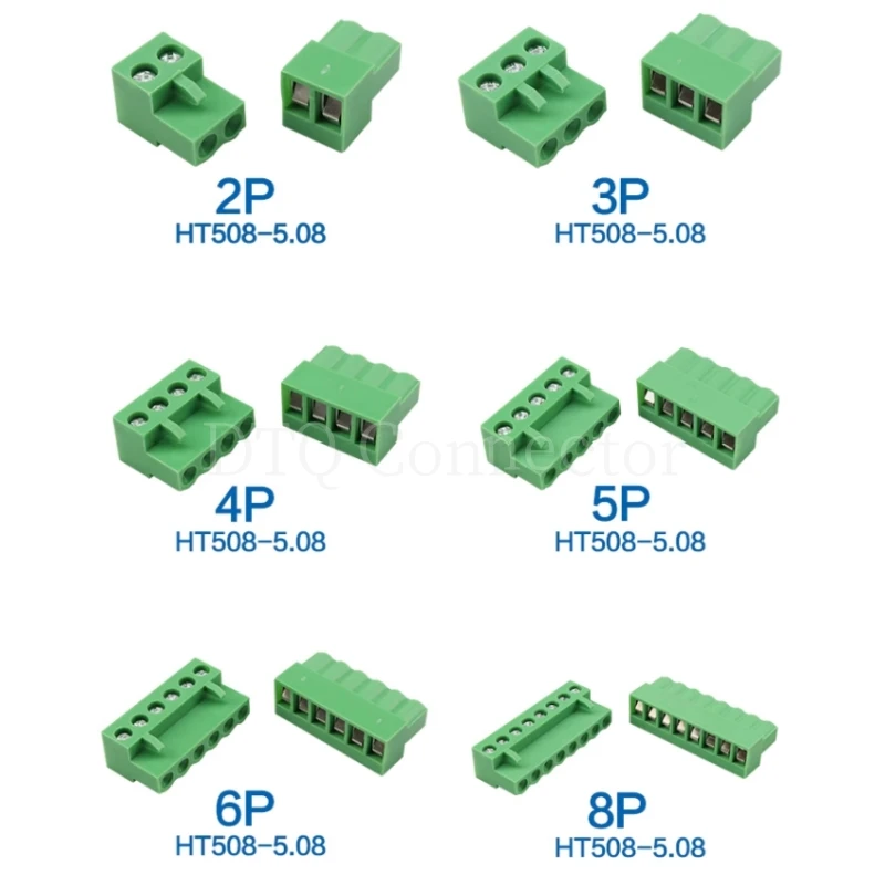 5Sets HT5.08 5.08mm Pitch 2/3/4/5P 6P 8P Screw Plug-in PCB Terminal Block Straight/Right Angle Pin Pluggable bornier Connector