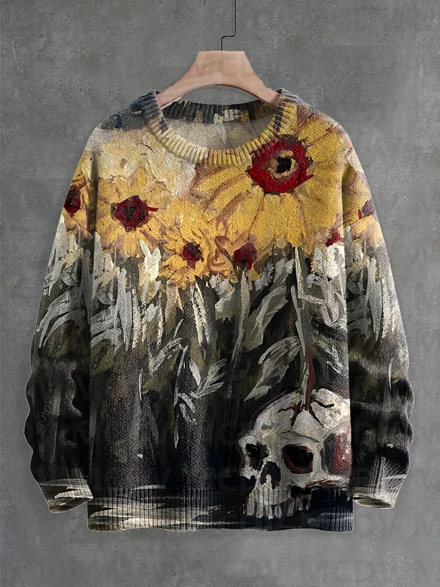 

Fun Skull Sunflower Art Halloween Print Knit Pullover Sweater Women For Men Sweater