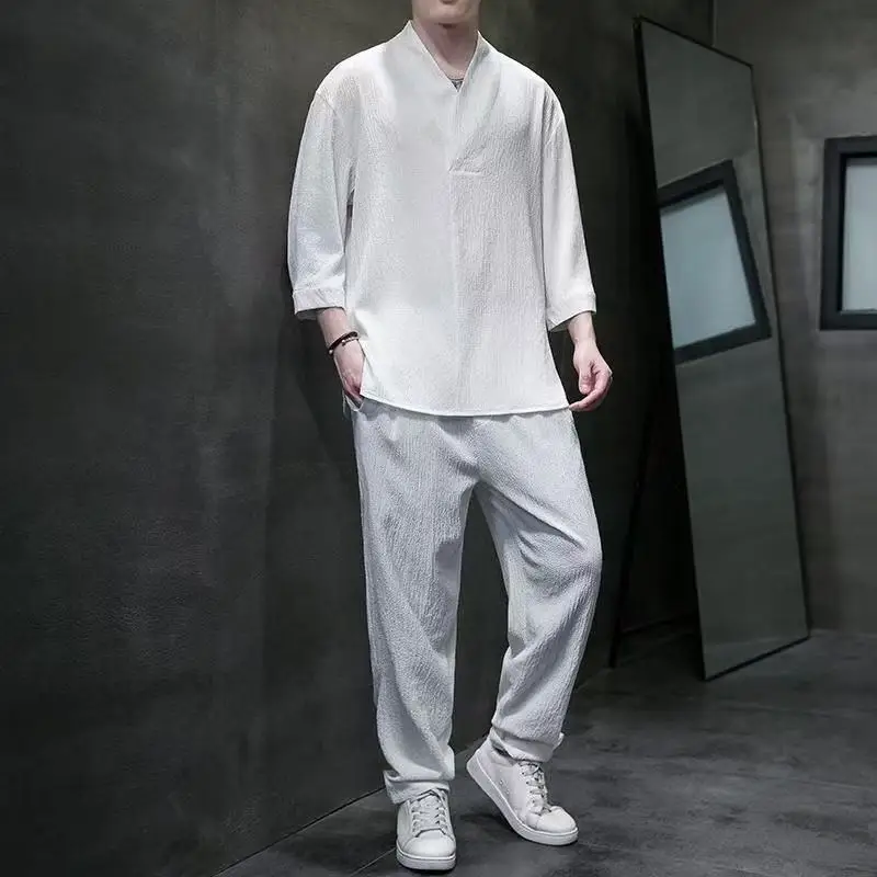 

​Men's Chinese Style Two Piece Set Cooling Fabric Drape Loose Fit Short Sleeve Summer Outfit​