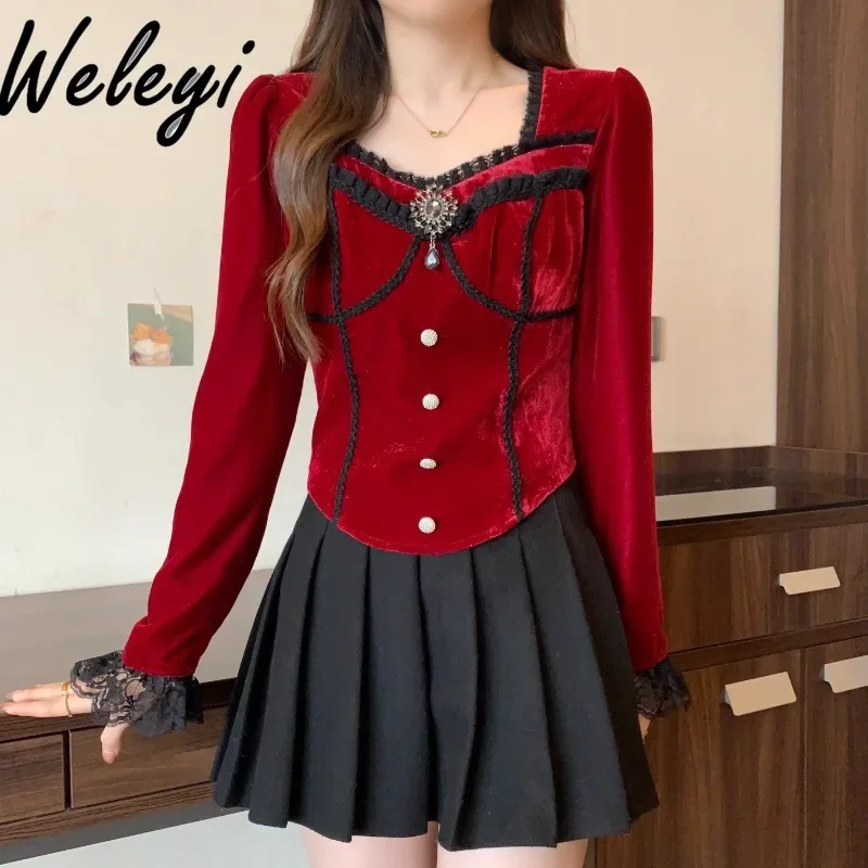 Autumn and Winter New Elegant Red Velvet Shirt Large Size Korean Style Women's Square Neck Irregular Long Sleeve Tops Women