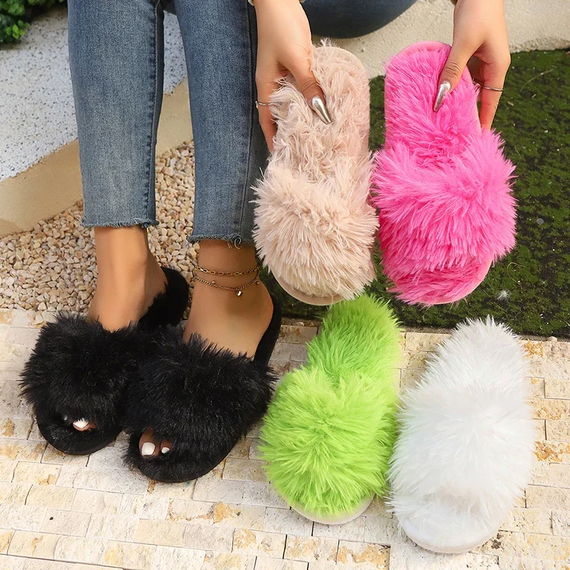 New Autumn Winter Women Fashion Faux Fur Slippers Solid Color Comfort Indoor Home Slippers Woman Lightweight Warm Fluffy Slides - Image 6