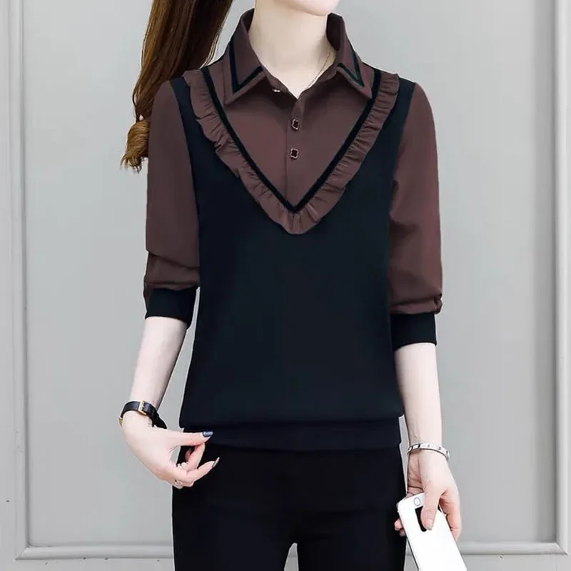 Fashion All-match Women\'s Long Sleeve Patchwork Shirt Spring Autumn Korean Casual Fake Two Pieces Polo-Neck Blouse for Female