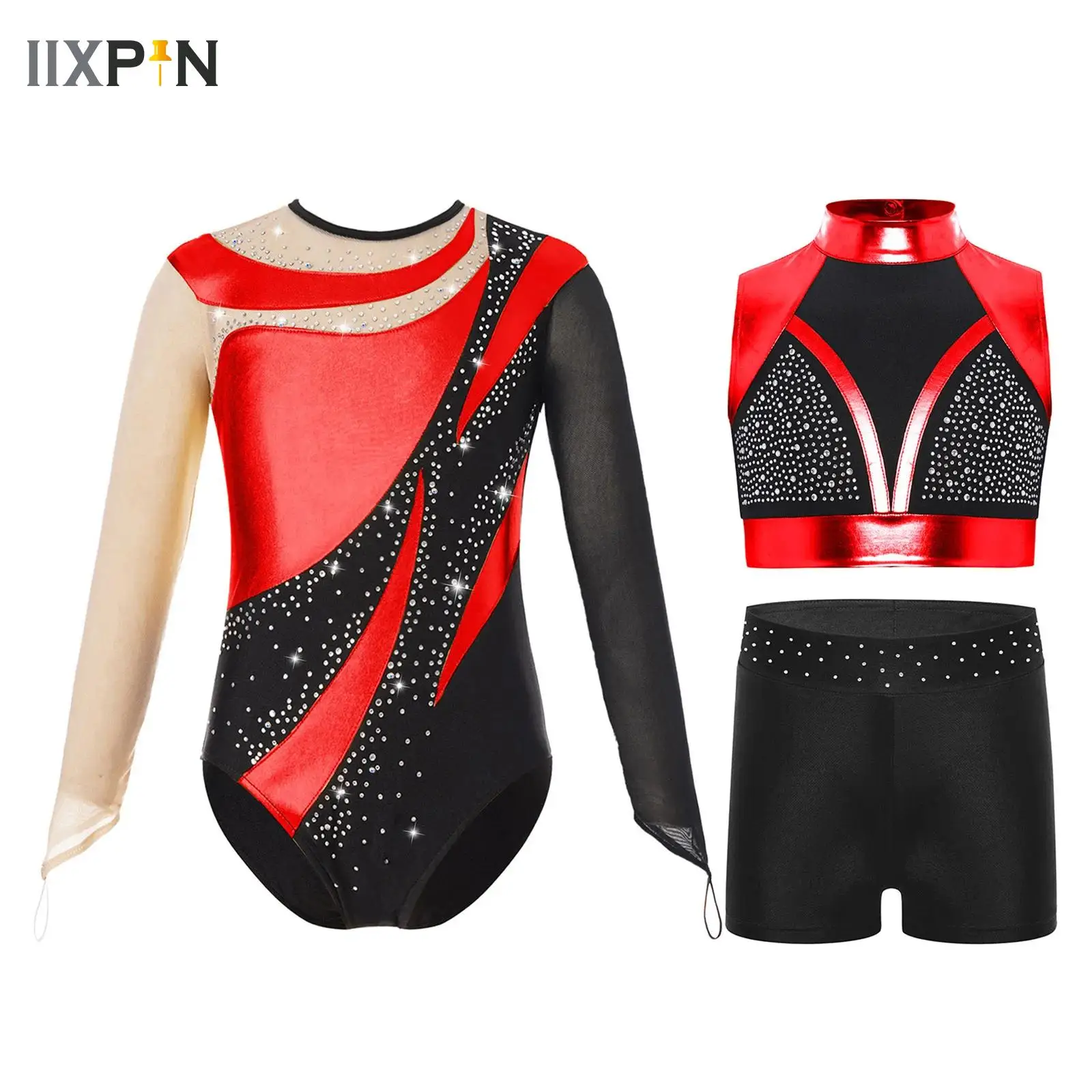 

Kids Girls Yoga Suit Ballet Gymnastics Dance Sets Figure Skating Sports Performance Outfit Rhinestones Leotard Vest with Shorts