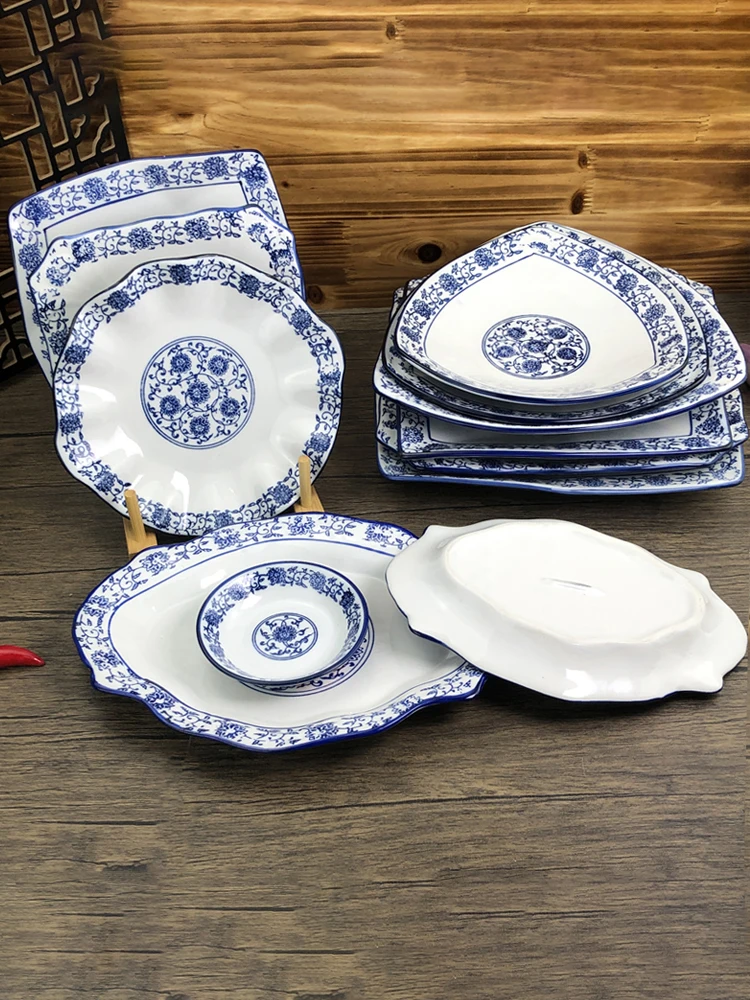 

Retro Chinese Sle Cerc Blue And White Restaurant Dinnerware Fried Rice Panellong Rectangle ape Commercial Use Di