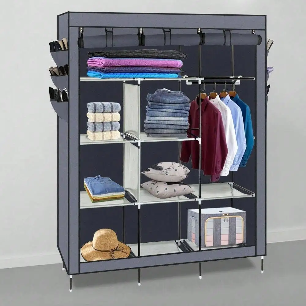 New Portable Closet Wardrobe Clothes Rack Storage Organizer With Shelf Gray