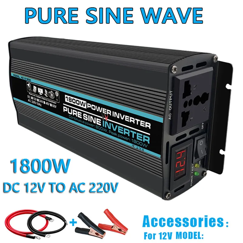 

1000/1800/2000/2600W Pure Sine Wave Power Inverter Voltage Transformer LED Display Car Home Outdoor DC12V to AC 220V Converter