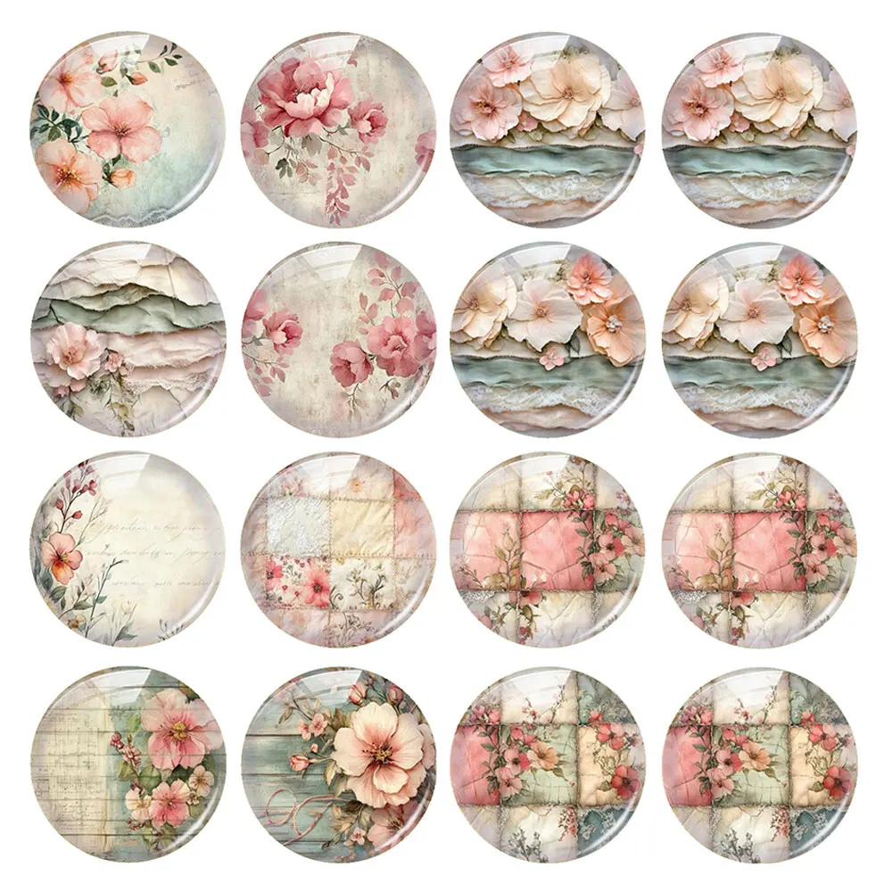 Random Mixed Round/Oval/Square Vintage Fabric Patchwork Floral Photo Glass Cabochon Flatback Demo Cameo For Diy Jewelry Making