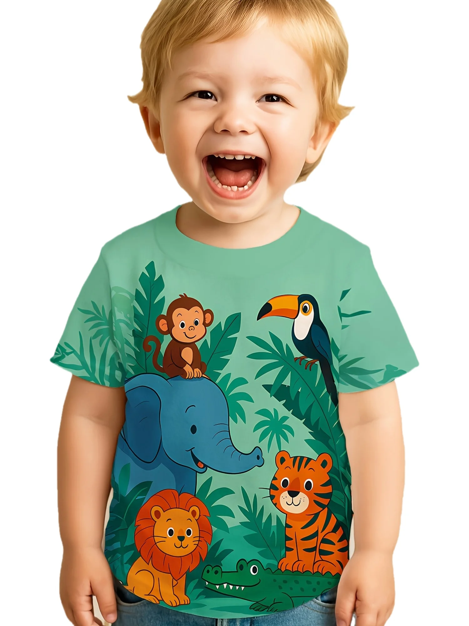 Boys Jungle‑Adventure‑Wildlife‑Friends‑Lion‑Elephant‑Tiger‑Toucan‑Print Soft‑Comfort Casual Short‑Sleeve Crew‑Neck T‑Shirt