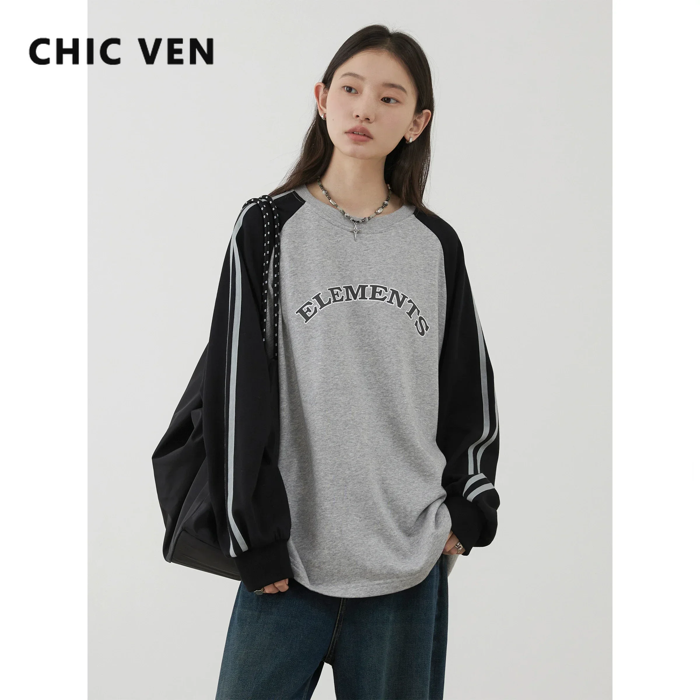 CHIC VEN Women T-Shirts Loose Casual Contrasting Color O Neck Letter Printed Female Tees Long Sleeved Top Spring Autumn 2024