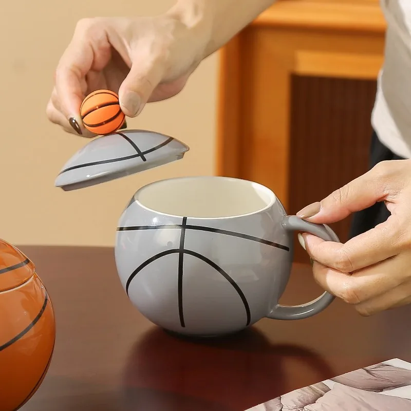 3D Basketball Coffee Mug with Lid Spoon Unique Sports Drinkware Gift Set for Basketball Fans Home Office Decor