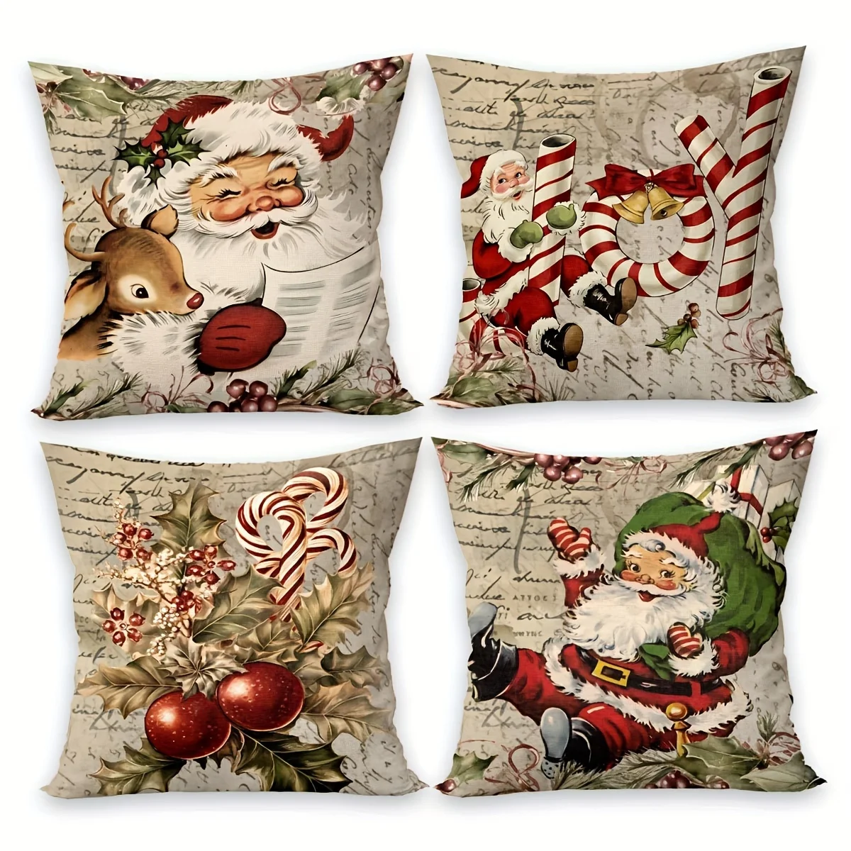 Vintage Christmas Velvet Throw Pillow Covers Set of 4, Hand Wash Only, Decorative Santa and Candy Cane Design, Zippered Cushion