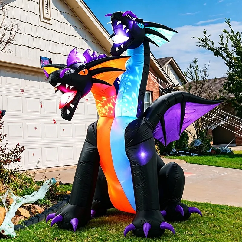 2.1M Halloween Outdoor Inflatable Two‑Headed Dragon Model with LED Light  Yard Lawn Decoration Prop Ornament