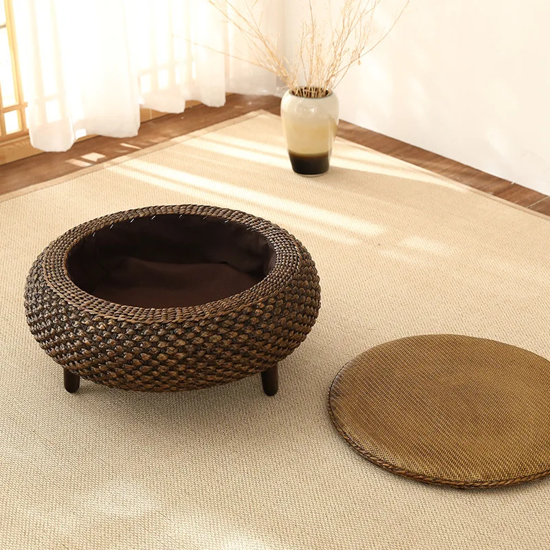 Household Retro Rattan Coffee Table Japanese Style Simple Futon Cushion Solid Wood Window Service tables basses  home furniture